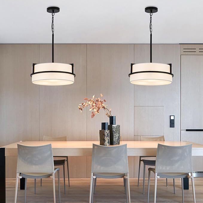Modern Drum Chandelier for Dining Room 3 Light,15.7" Wide White Linen Drum Shade Ceiling Light Fixture,Pendant Lighting with Adjustble Hang Height Chandelier for Kitchen Islands Living Bedroom