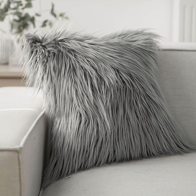 Phantoscope Faux Fur Solid Decorative Pillow Cover Fluffy Throw Pillow Mongolian Luxury Fuzzy Pillow Case Cushion Cover for Bedroom and Couch, Gray 26 x 26 Inches, Pack of 1