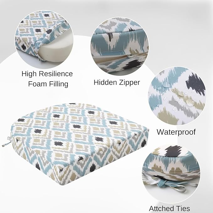 idee-home Outdoor Chair Cushions Set of 2, Thick 19" x 19" x 3" Outdoor Seat Cushions Patio Furniture Waterproof with Ties, Dining Pads