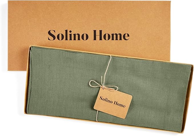Solino Home Linen Table Runner 36 Inches - 100% Pure Linen Oil Green Table Runner 14 x 36 Inch Ideal for Dresser and Coffee Tables - Fall, Autumn, Thanksgiving - Fete