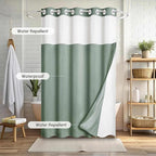 No Hooks Linen Textured Shower Curtain with Snap-in Fabric Liner Set, Hotel Shower Curtain Set for Bathroom with See Through Top Window, Waterproof & Washable, 72Wx74H, Green