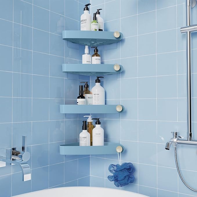 Sotfamily Shower Caddy Corner, 4 Pack Adhesive Corner Shower Shelves for Bathroom Organizers and Storage, Rust Free Plastic Rack for Bathroom Accessories & Decor, Light Blue