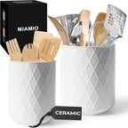 MIAMIO – Kitchen Utensil Holder Ceramic/Kitchen Organizer Set, Farmhouse Decor for Organizing Countertop and Storing Cutlery, Cooking Spoons, and Accessories - Palmanova Collection (White)