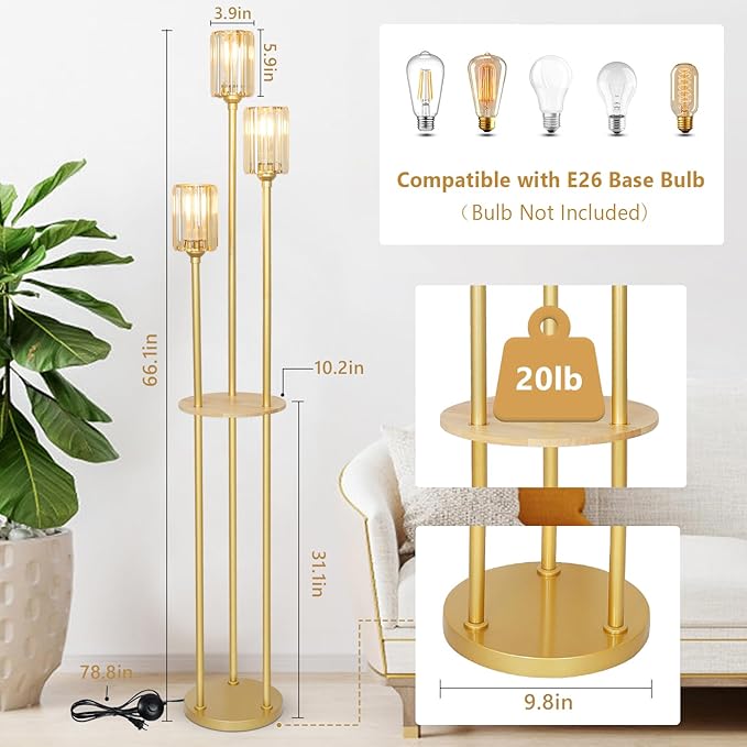 HMVPL Gold Standing Lamp with Shelf, Vintage Floor Lamp for Living Room, Retro Floor Lamp with Table, Mid Century Tall Lamp with Amber Crystal Shade, On/Off Switch, Brass Boho Corner Lamp for Bedroom
