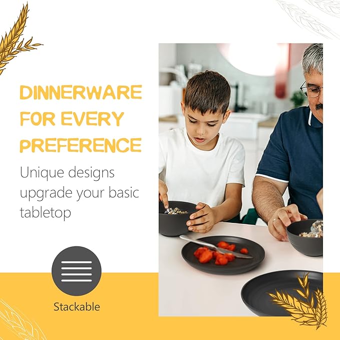 Teivio 48-Piece Kitchen Plastic Wheat Straw Dinnerware Set, Service for 12, Dinner Plates, Dessert Plate, Cereal Bowls, Cups, Unbreakable Outdoor Camping Dishes, Apartment Dinning Essentials,Black