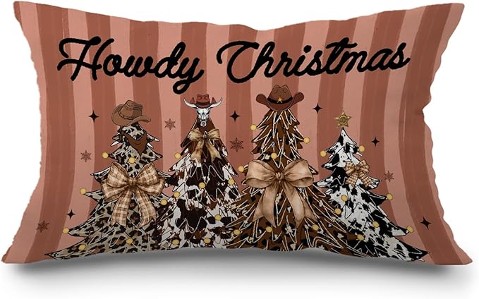 JINYO Howdy Western Christmas Tree Pillow Covers 12x20, Western Christmas Decor, Coquette Leopard Cow Print Xmas Tree Cowgirl Lumbar Pillow Covers for Girls Room Dorm Apartment