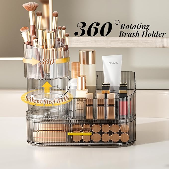 Delamu Makeup Organizer for Vanity with Stackable Drawers, 360 Rotating Makeup Brush Holder Large Cosmetic Display Case for Dresser, Bathroom Countertop Skincare Organizers and Storage, Crystal Black