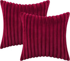 decorUhome Faux Fur Christmas Throw Pillow Covers 18x18 Set of 2, Decorative Soft Plush Striped Neutral Couch Euro Pillow Covers with Velvet Back for Sofa, Bed, Living Room Home Decor, Burgundy