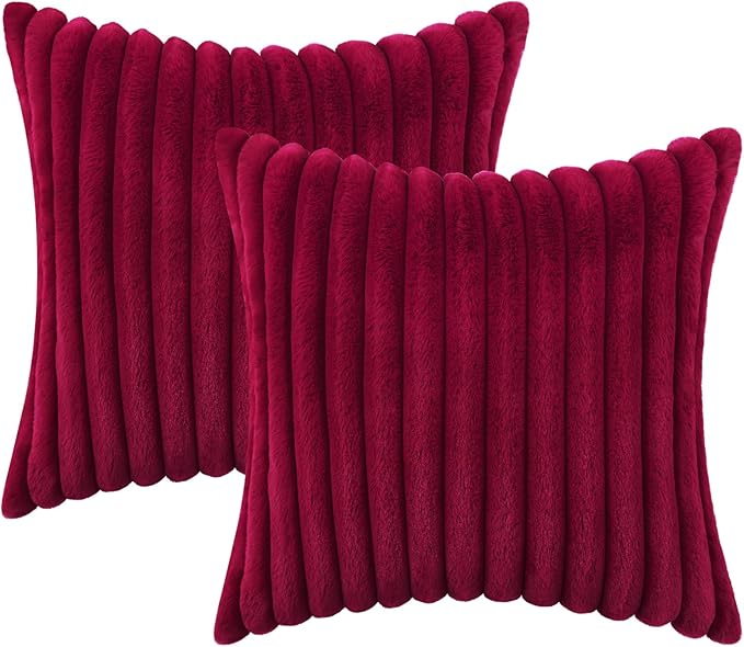 decorUhome Faux Fur Christmas Throw Pillow Covers 18x18 Set of 2, Decorative Soft Plush Striped Neutral Couch Euro Pillow Covers with Velvet Back for Sofa, Bed, Living Room Home Decor, Burgundy