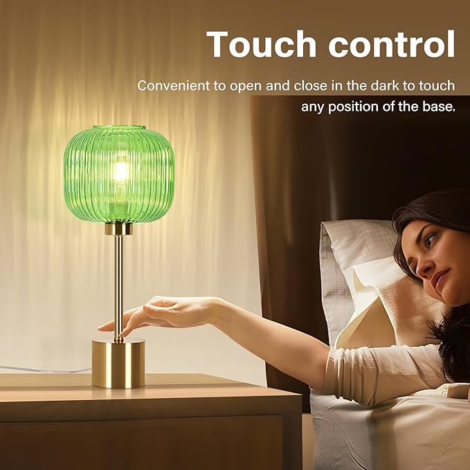 Green Glass Table Lamp with 3 Way Dimmable and Touch Control, Mid Century Modern Vintage Bedside Table Lamp for Bedroom Living Room End Table