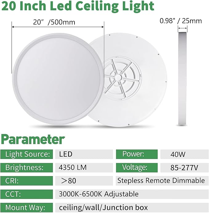 20 Inch Large LED Flush Mount Ceiling Light with Remote, 40W,4350LM, 3000K-6000K Selectable, White Round Flat Panel Low Profile Ceiling Light Fitures for Hallway, Kitchen, Bedroom, Laundry Room