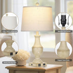 Farmhouse Vintage 3-Way Dimmable Table Lamp Set of 2 with USB A+C Charging Ports & AC Outlet, Rustic Mid Century Antique Traditional Bedside Lamps for Living Room Bedrooms Nightstand End Table White
