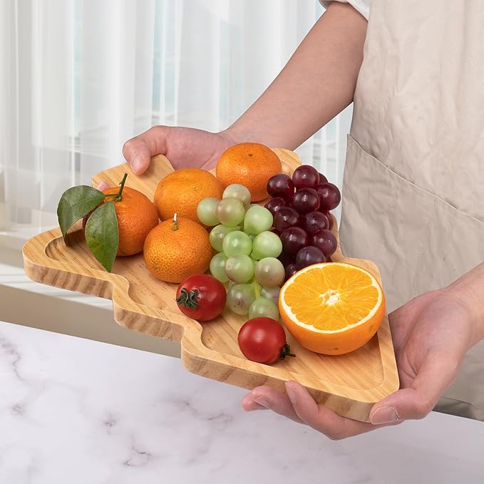 Christmas Tree Shaped Wooden Serving Tray - 12" Charcuterie Board for Cheese, Snacks, Appetizers & Desserts - Holiday Platter with Handles, Christmas Decorative Tray (12 x 8.7 x 0.6 Inches)
