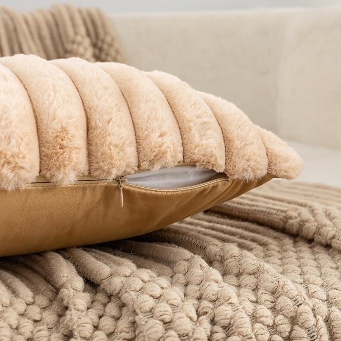 ZLINA Set of 2 Apricot Faux Fur Decorative Throw Pillow Covers Fluffy Striped Pillowcase Cushion Covers 12 x 20 Inch Decor Sofa Couch Bedroom