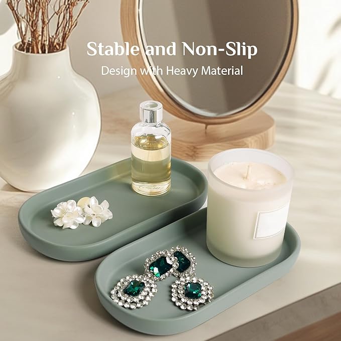 Ceramic Jewelry Dish Set of 2 – Oval Trinket Holder for Vanity, Perfume, Keys, Rings, Watch, Dish Soap, Kitchen & Bathroom Counter – Matte Green