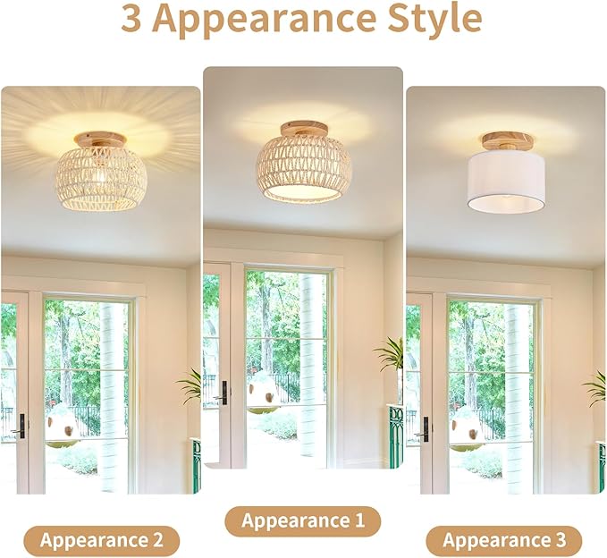 Boho Rattan Ceiling Light Fixture - 3 Style Options Wicker Semi Flush Mount Ceiling Lights,White Coastal Light Fixtures,Bohemian Woven Basket Chandelier for Hallway Bedroom Nursery Kitchen Laundry