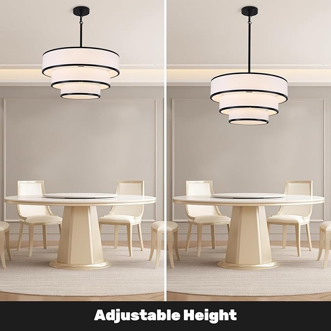 19.8'' Drum Chandelier for Dining Room Light Fixtures 5-Light White Fabric Pendant Light Fixture, Modern Farmhouse 3-Tier Black Chandelier for Living Room Bedroom Entryway Staircase