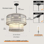 37" Modern Black Round Chandeliers, 3-Tier 16-Light Water Ripple Crystal Glass Chandelier, for Living Room, Foyer, High Ceiling Staircase, Dining Room, Luxury Adjustable Hanging Chandelier