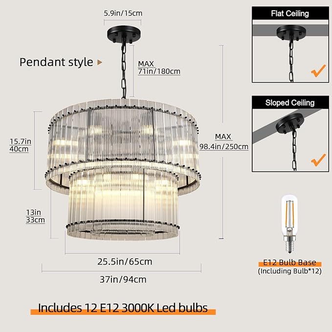 37" Modern Black Round Chandeliers, 3-Tier 16-Light Water Ripple Crystal Glass Chandelier, for Living Room, Foyer, High Ceiling Staircase, Dining Room, Luxury Adjustable Hanging Chandelier