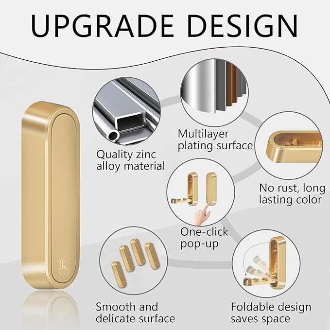 2PCS Foldable Gold Wall Hooks, Heavy Duty Zinc Alloy Folding Wall Hooks,Folding Coat Hooks, Flip Down Hook for Hanging Coats, Bags, Hats, Cooking Utensil, Bathrobes, Keys (Gold)