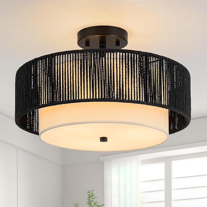 SineRise 16'' Rattan Flush Mount Ceiling Light Fixture,2-Tier Drum Hand-Woven Boho Flush Mount Ceiling Light,Farmhouse Light Fixture for Living Room,Kitchen,Bedroom Foyer Entryway ect.（Black）