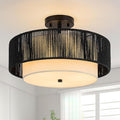SineRise 16'' Rattan Flush Mount Ceiling Light Fixture,2-Tier Drum Hand-Woven Boho Flush Mount Ceiling Light,Farmhouse Light Fixture for Living Room,Kitchen,Bedroom Foyer Entryway ect.（Black）
