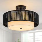 SineRise 16'' Rattan Flush Mount Ceiling Light Fixture,2-Tier Drum Hand-Woven Boho Flush Mount Ceiling Light,Farmhouse Light Fixture for Living Room,Kitchen,Bedroom Foyer Entryway ect.（Black）