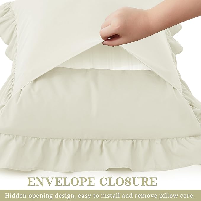 KKJIAF Ruffle Pillow Cases Queen Size Set of 2, Ruffled Pillow Covers with Envelope Closure, Wrinkle Resistant Ruffled Pillow Shams 20" x 30", Beige