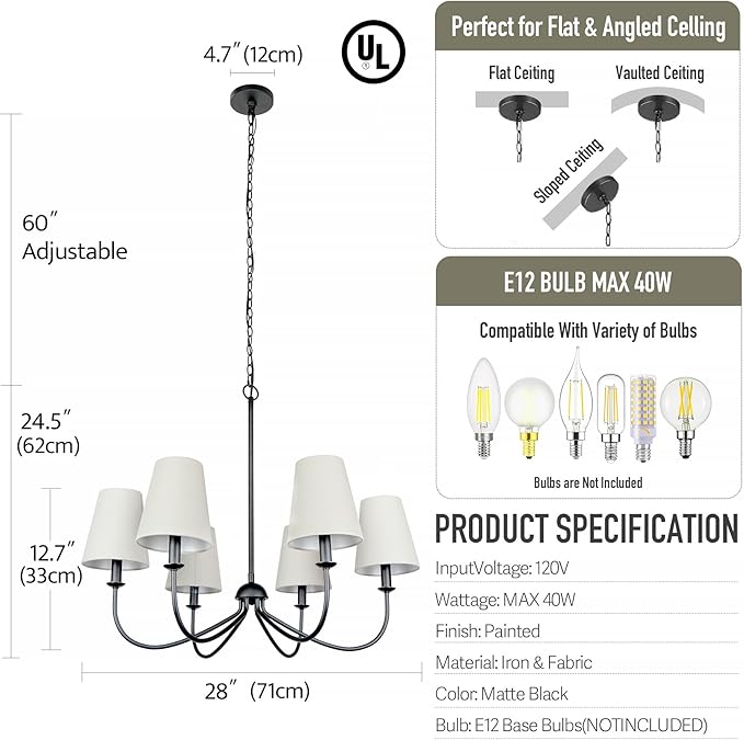Chandelier, Matte Black with Linen Fabric Shade, 6-Light 28" Modern Farmhouse Linear Pendant Lighting Fixture for Kitchen Island (Black)