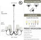 Chandelier, Matte Black with Linen Fabric Shade, 6-Light 28" Modern Farmhouse Linear Pendant Lighting Fixture for Kitchen Island (Black)