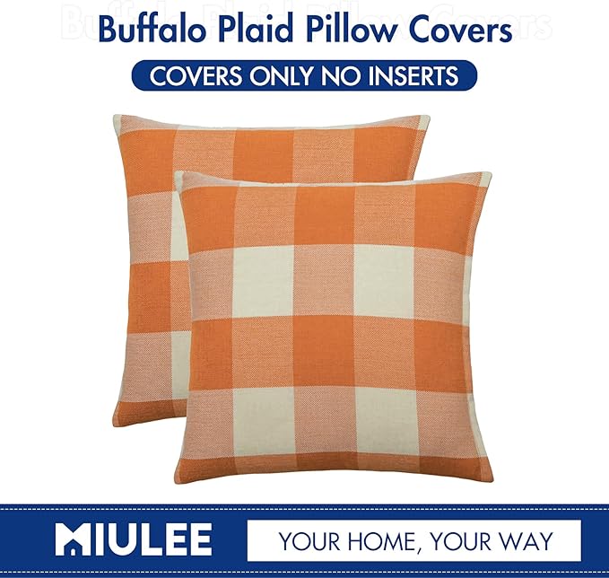 MIULEE Fall Throw Pillow Covers Pack of 2 Classic Farmhouse Buffalo Check Plaids Linen Soft Solid Orange and White Decorative Outdoor Cushion Case for Sofa Bedroom 16 x 16 Inch 40 x 40 cm