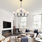 Black Chandeliers for Dining Room with White Fabric Shades,33”Light Fixture Chandelier,9-Lights foyer chandeliers for high ceilings,2 Tiered Lantern Farmhouse Pendant Light for Living Room,Entryway
