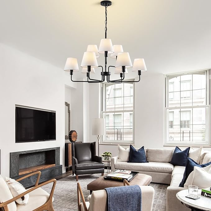 Black Chandeliers for Dining Room with White Fabric Shades,33”Light Fixture Chandelier,9-Lights foyer chandeliers for high ceilings,2 Tiered Lantern Farmhouse Pendant Light for Living Room,Entryway