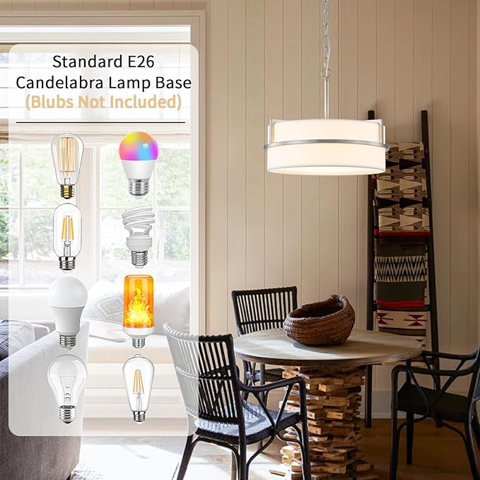 15.7" Modern Drum Chandelier Ceiling Light Fixture,3-Light Drum Pendant Light with White Fabric Shade,Adjustable Brushed Nickel Dining Room Chandelier for Kitchen Island Over Table Bedroom,E26