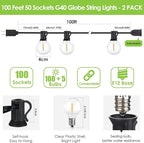 Mlambert 200Ft(2x100Ft) LED Outdoor String Lights Waterproof Dimmable G40 Globe Patio Lights with 100+5 Bulbs for Balcony Gazebo Pergola-Black Cord
