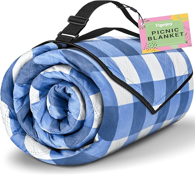 TigeJoy Extra Large Picnic Blanket Waterproof Foldable 60''x80'', Outdoor Picnic Mat Beach Blanket Sandproof for Park, Grass, Travel, Hiking, Camping Essentials, Gingham Picnic Blanket