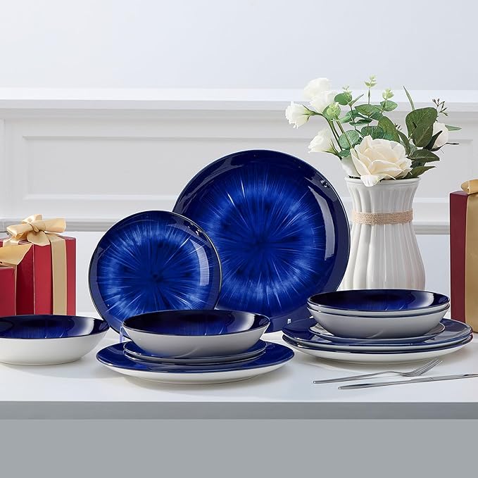 Bestone Porcelain Dinnerware Sets Service for 4, 12 pcs Hand drawn Plates and Bowls Sets, Handmade Ceramic Dish Set, Chip Resistant Modern Plate Set, Dishwasher/Microwave Safe，Dark Blue