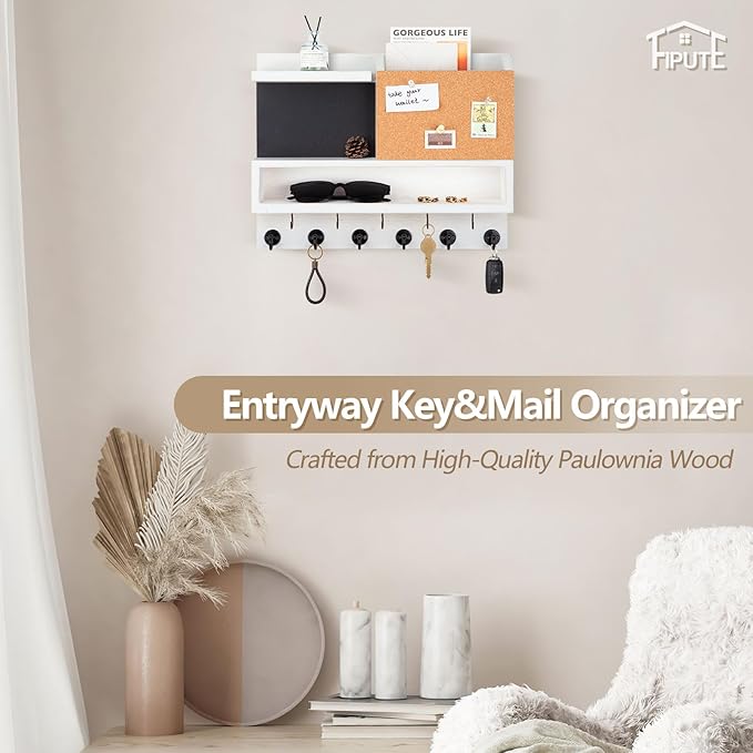 Key Holder for Wall Mount with Mail Organizer, Farmhouse Key Holder for Wall with Shelf, Chalkboard&Corkboard, Entryway Organizer 11 Metal Hooks, Decorative Natural Pine Wood, 14.6*11.1*3.3”, B-White