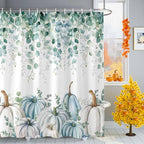 Fall Thanksgiving Shower Curtain, Teal White Pumpkin Shower Curtains Set with Hooks, Floral Sage Green Eucalyptus Leaves Waterproof Fabric Bathroom Curtains Decor Home Accessories,72 X 78 Inch Long