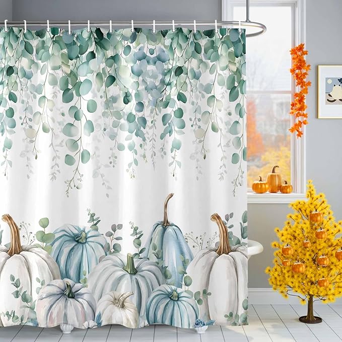 Fall Thanksgiving Shower Curtain, Teal White Pumpkin Shower Curtains Set with Hooks, Floral Sage Green Eucalyptus Leaves Waterproof Fabric Bathroom Curtains Decor Home Accessories,72 X 72 Inch Long