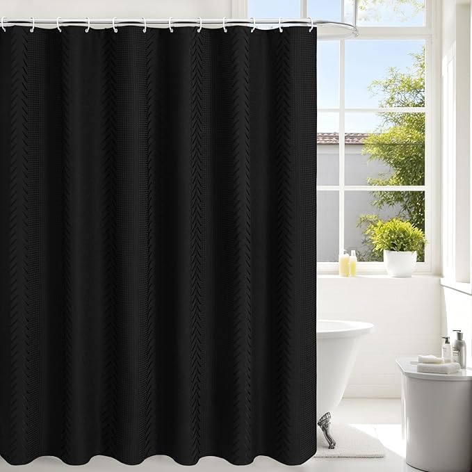 3D Embossed Pattern Shower Curtain, Simple and Chic Pattern Vintage Curtain for Bathroom, Waterproof Fabric Shower Curtains with Hooks, 72 W x 72 H, Black
