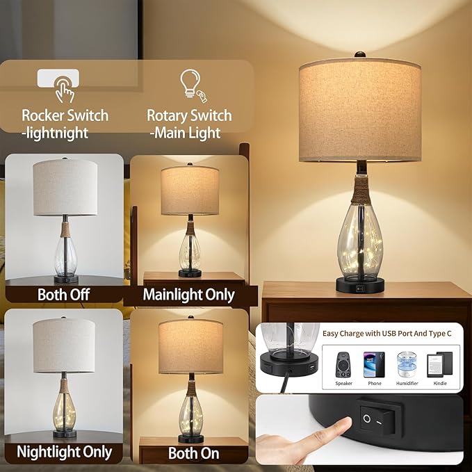OYEARS 23" Farmhouse Table Lamps for Living Room,Boho Rattan Bedside Lamps with USB-C & USB-A Ports, Glass Nightlight, Dual Light Sources, Black