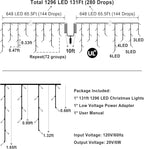 1296 LED 131FT Christmas Lights 288 Drops, Outdoor Hanging light with 8 Modes Timer, Plug in Curtain String Light Outdoor Waterproof for House Tree Holiday Wedding Party Outside Decor (Blue & White)