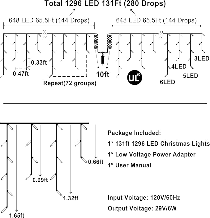 1296 LED 131FT Christmas Lights 288 Drops, Outdoor Hanging light with 8 Modes Timer, Plug in Curtain String Light Outdoor Waterproof for House Tree Holiday Wedding Party Outside Decor (Blue & White)