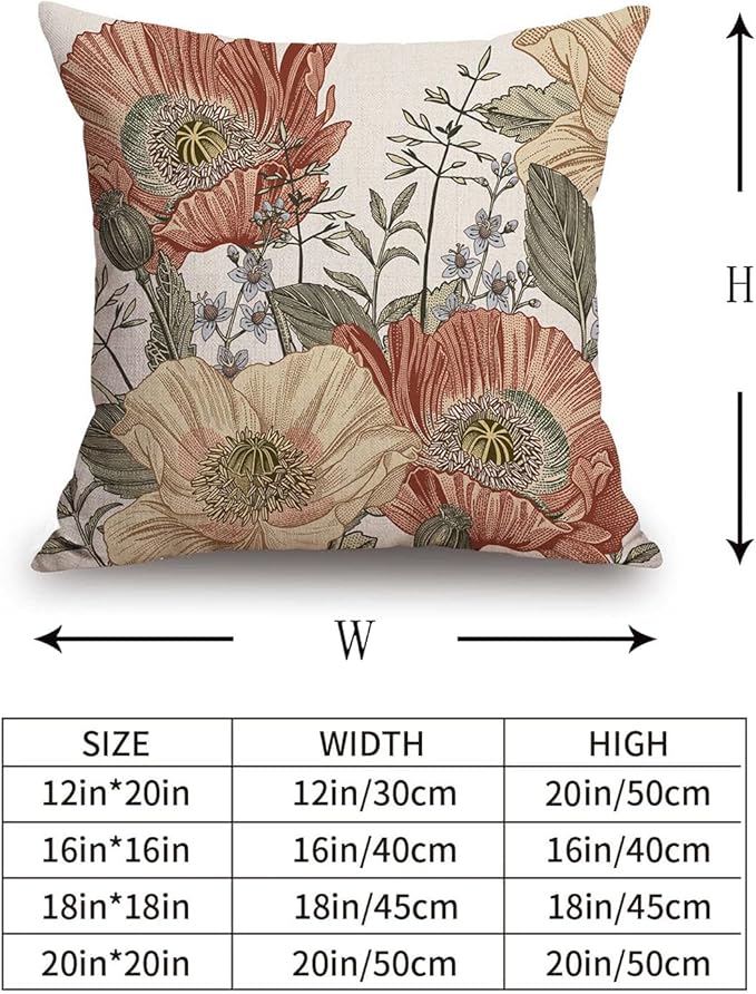 TSSOHU Vintage Flower Throw Pillow Covers 18x18 Brown Rust Colored Floral Botanical Pattern Decorative Pillows Outdoor Linen Farmhouse Cushion Case Country Pillowcase for Sofa Bed Room Decor Set of 2