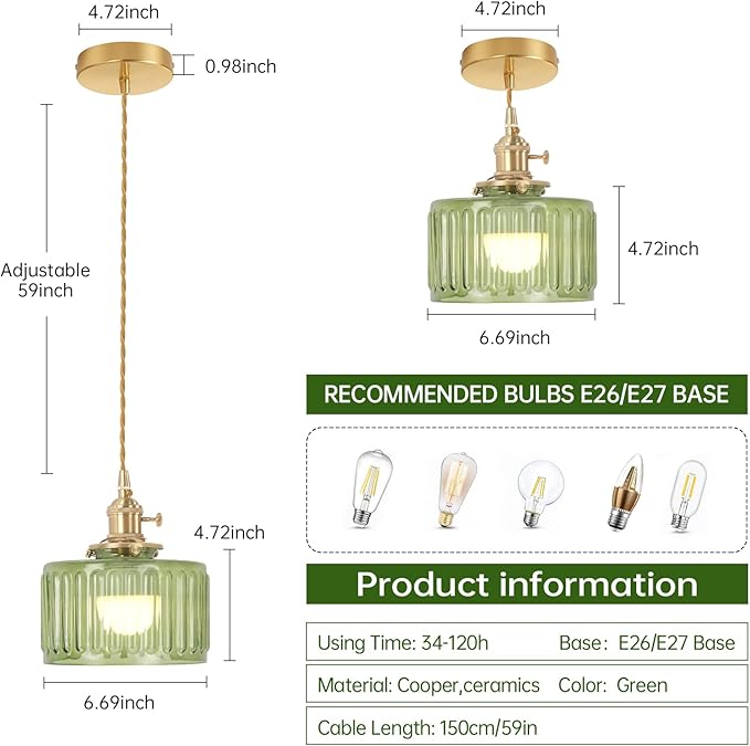Battery Operated Pendant Light 5000mAh Rechargeable Chandelier with Remote Control Wireless Adjustable Hanging Green Striped Light for Kitchen Island Dining Room Hallway