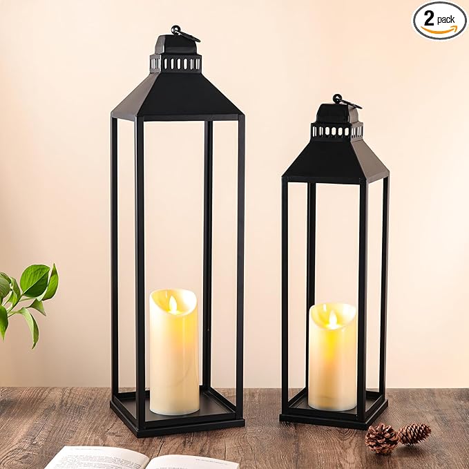 23" 19" Large Lanterns Decorative Outdoor Indoor, Set of 2 Modern Farmhouse Black Floor Lantern with Candles, Halloween, Christmas Lanterns for Fireplace, Mantle, Porch, Patio, Home Decor