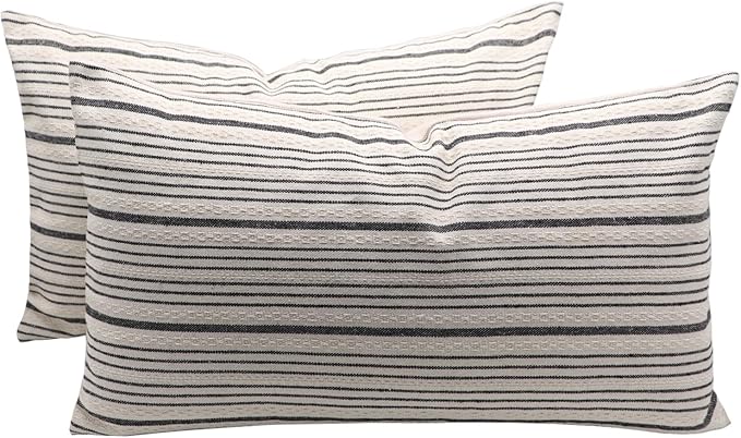 Black Lumbar Pillow Covers Farmhouse Linen Throw Pillow Covers Pack of 2 Striped Outdoor Decorative Throw Pillows for Couch Sofa Bed 12 x 20IN Black and Cream