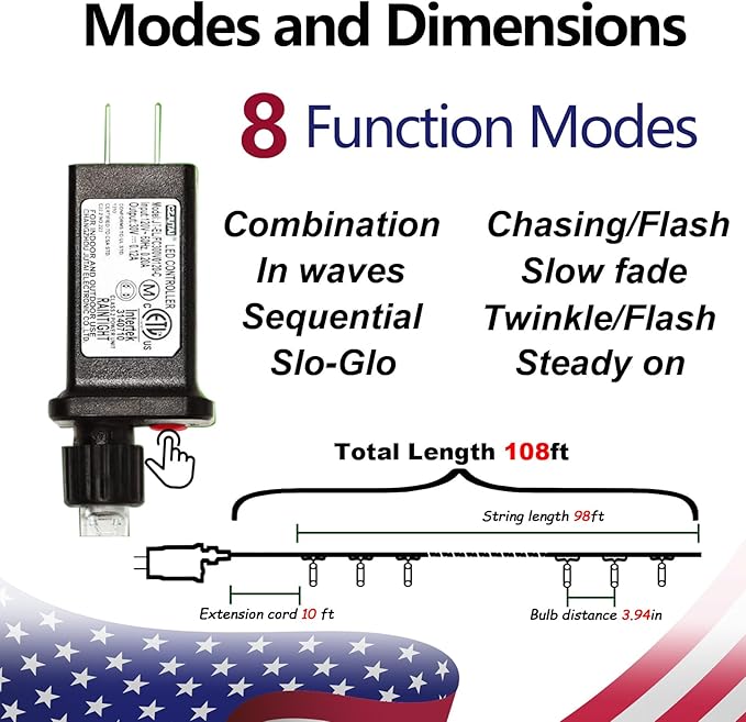 ILLUMINEW 4th of July Decorations 300 LED Red White and Blue String Lights Plug-in, 8 Modes 108ft Independence Day Fairy Lights for Patriotic Party Decor Indoor Outdoor