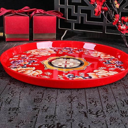 Cabilock Serving Platter Chinese Food Tray Red Wedding Serving Tray Fruit Plate Fruit Snack Storage Holder for Home Kitchen and Wedding Snack Round 13X2. 9inch Chinese Candy Boxes
